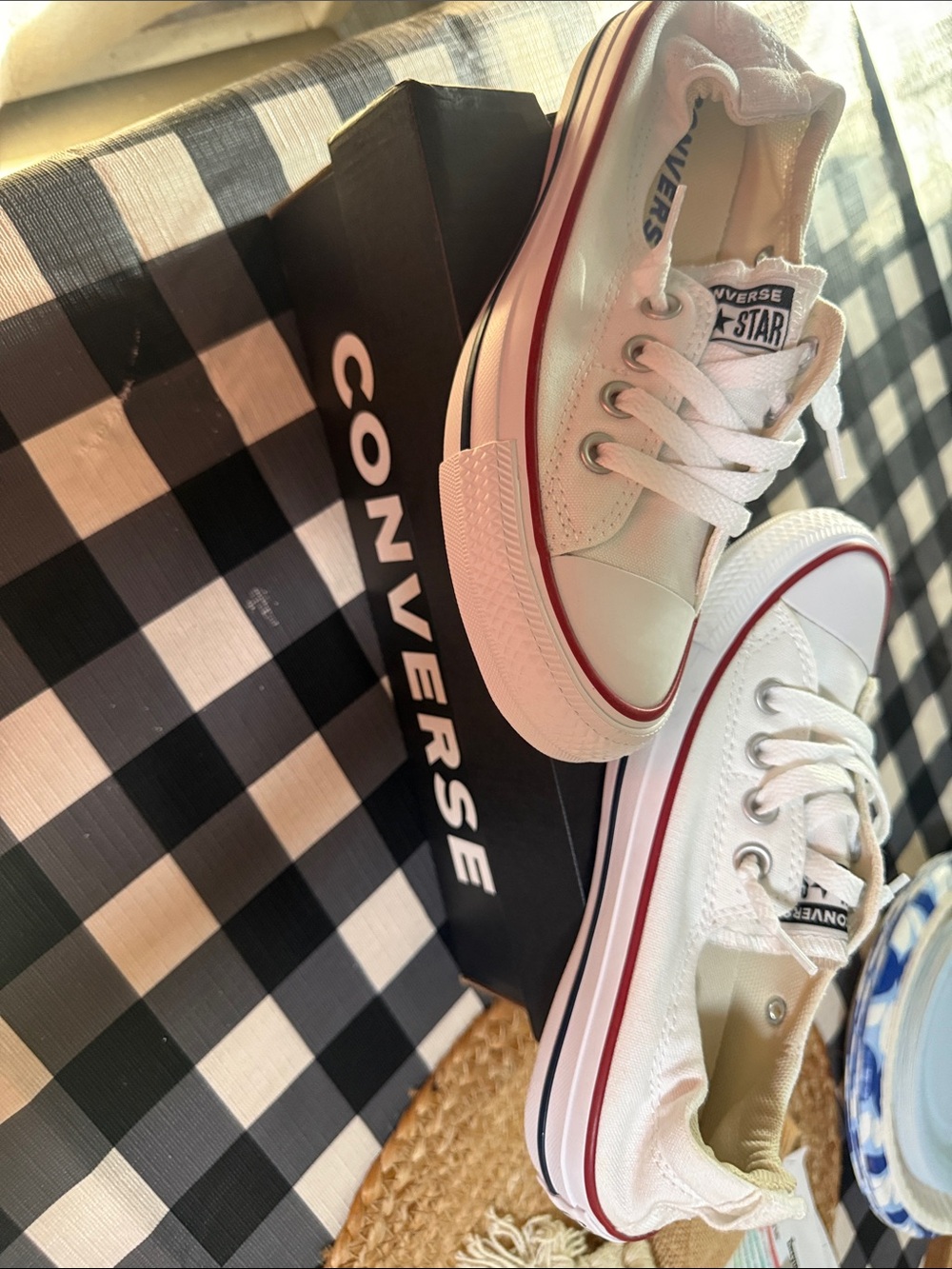 Converse White Low-Top Sneakers with Red Stripe